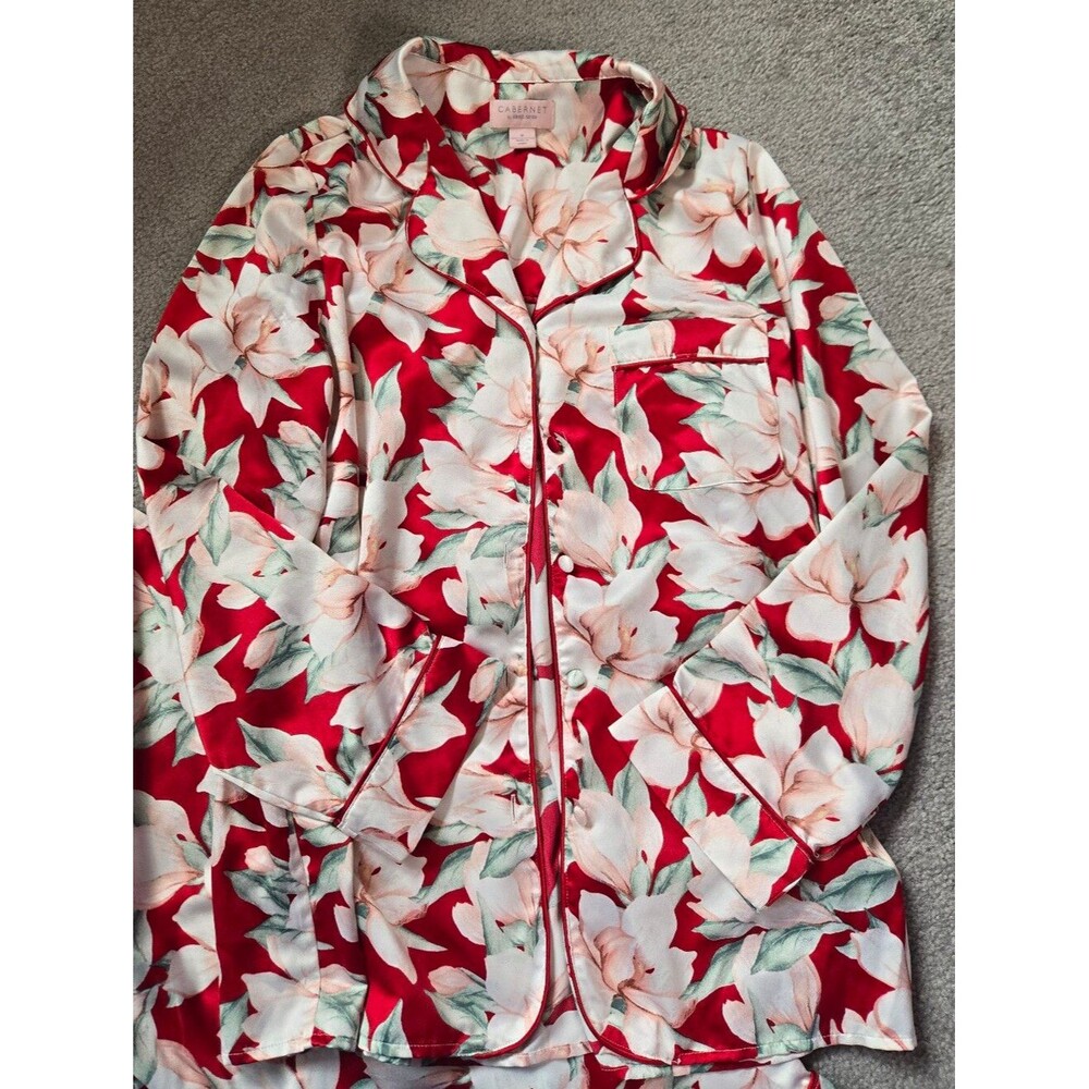 Cabernet by Sleep Sense Red White Floral Satin Long Pajamas Set S
